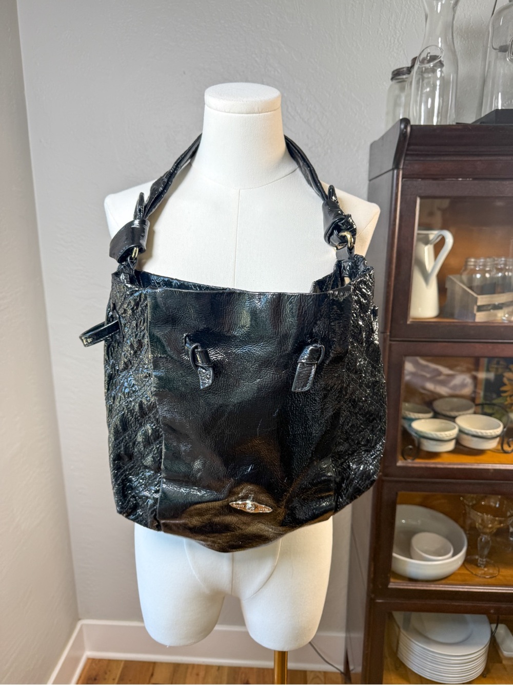 Elliott Lucca Black Patent Leather Shoulder Tote Bag Textured Large